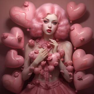 Pink hearts with dolls, with pink hair and pink balloons