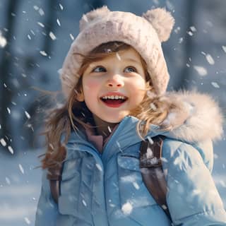 "Playful little girl in the snow wearing a bright down jacket making snowballs and exploring with a background of pristine