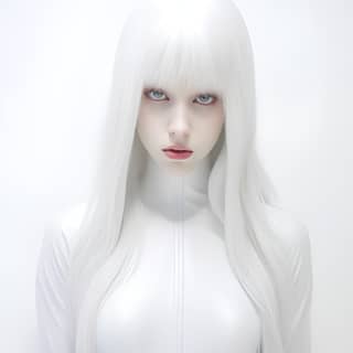 all white woman, a white woman with long hair and a white suit