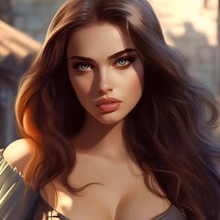 curvaceous video game woman with long dark flowing hair and blue eyes The background is an old village https://s mj