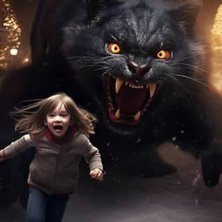 giant evil black monster cat chasing scared children photo realistic christmas