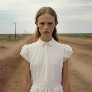 Una ragazza si trova su una strada di terra in un vestito bianco nello stile dei ritratti surrealisti.