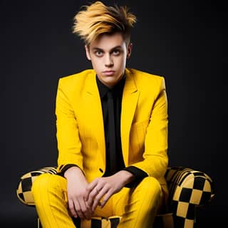 handsome 20-year old man with short black-yellow spiky hedgehog haircut two-tone haircut one half of hair is black and the