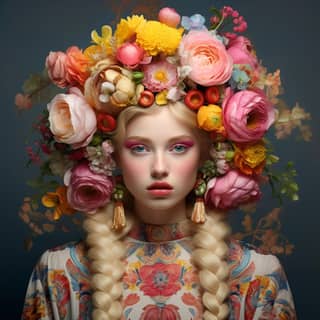 photo portrait blonde girl with flowers on her head:: Ukrainian style:: hyperrealistic