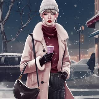 Una mujer de 22 años vestida con moda invernal elegante tomando café en un café chic de Tokio mientras la nieve cae suavemente afuera.