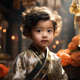 Cute little Chinese boy wearing Hanfu with chinoiserie elements and intricate details.