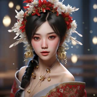 Beleza de Natal estilo chinês com lábios cheios, maquiagem pesada, textura volumétrica natural da pele e Unreal Engine 5 para melhor qualidade.