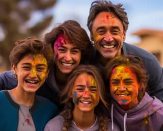 Família e amigos celebrando o Holi com rostos pintados.