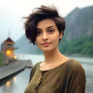 Uma bela mulher indiana com cabelos curtos em pé diante do Monte St Michelle em uma ponte do mar.