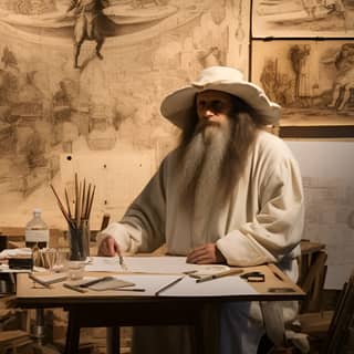 Leonardo da Vinci in his studio an easel on one side technical drawings and handwritten notes on the other side psychedelic