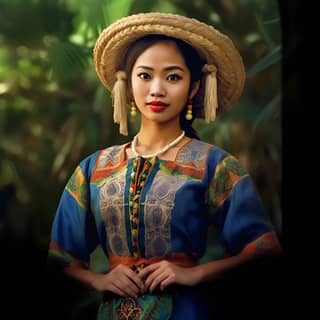 Une femme philippine en tenue traditionnelle et coiffe.