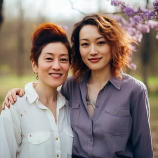 Deux femmes se tiennent côte à côte, l'une avec une peau claire, des taches de rousseur, des cheveux bouclés auburn courts et une chemise blanche et moelleuse, et l'autre avec une peau claire, des cheveux longs et raides et une chemise blanche, tenant des fleurs séchées violettes dans sa main droite.