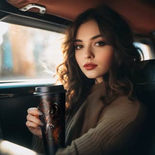 alternative girl holding a black stainless steel tumbler, in a car holding a coffee cup