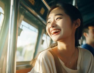 Una chica china de 20 años está sonriendo y sosteniendo un helado mientras está sentada en un tren y mirando hacia abajo.