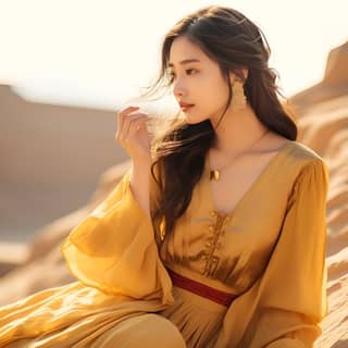 a girl Red Chinese Western Region Clothing Princess Morning light desert yellow stone wall Dunhuang Feitian Hanfu Fine sand