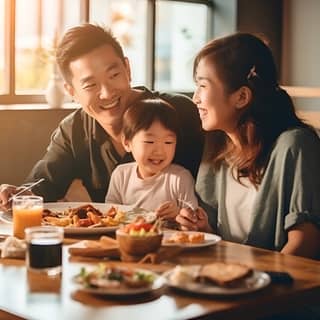 handsome asian and little daughter and little son father's day concept celebration enjoying meal on the table warm tone day