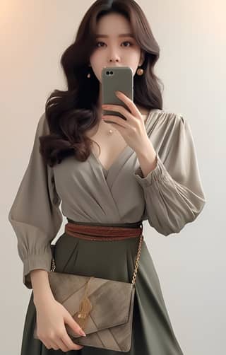 https://s mj run/QfUomH7XqO0 female is taking a selfie in a smocked dress and clutch in the style of muted earthy tones