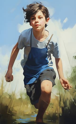 https://s mj run/bAFMf97UuiM Europe midday in the grass A boy in a blue T-shirt dashes 2