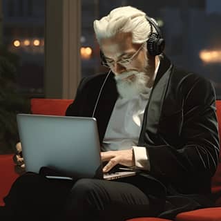 Un uomo barbuto con le cuffie è seduto su un divano con un laptop, mentre Babbo Natale in smoking ha anche un laptop.