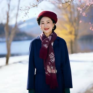 https://s mj spring scene a Chinese woman over 35 years old wearing a blue velvet mesh sweater skirt and scarf with a