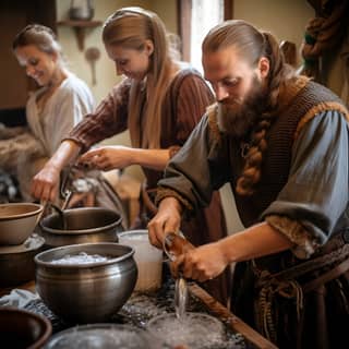 Três pessoas vestidas com roupas medievais preparando comida, com vikings lavando louça em um apartamento na Irlanda, onde a viking feminina está com covid.