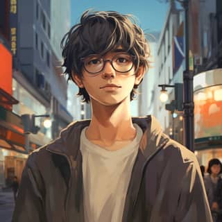 photo d'un jeune homme grand asiatique adolescent en chemise dans une rue de tokyo avec des néons avec des lunettes rondes