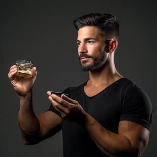 side profile eyecatch white background holding the product next to his head photo taken from a lower angle Dramatic light