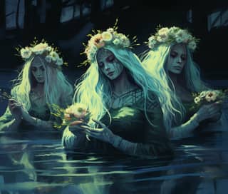 slavic mermaids green hair flower wreath on head lake long white dress horror drawing style