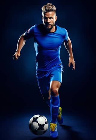 soccer player in a blue T-shirt running with foot ball European appearance beautiful skin dark background