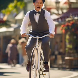 Ein asiatischer Mann fährt selbstbewusst auf einem alten Doppelrad-Fahrrad zu einem entscheidenden Sieg über ein Einrad im Dorfplatz und strahlt Freude und Erfüllung aus, zeigt aber auch guten Sportsgeist. Die lebendige jubelnde Menge fängt die Energie des Moments ein und umfasst die Freude des Mannes über den Sieg und den Widerstand des Einrads im bezaubernden Ambiente des Dorfplatzes.