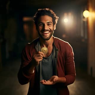 A thirty-year-old Egyptian man smiling and holding a small gold coin in his hand shot with arri alexa