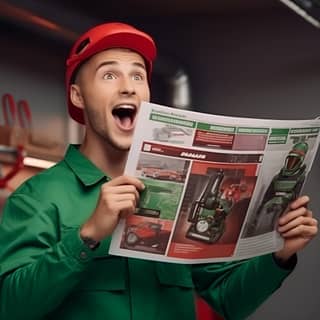 young handy man reading green red advertising flyer with pictures of tools he is amazed and open mouth because there are big