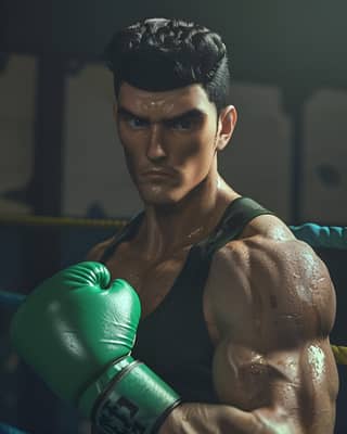 Um homem musculoso em um ringue de boxe.