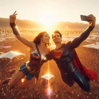 Superman và Wonder Woman được thấy bay trong không trung.