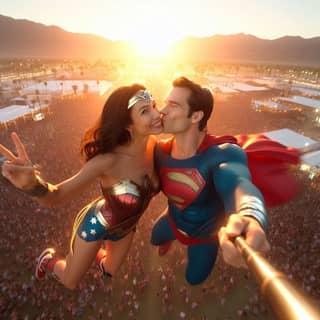 Superman e Wonder Woman compartilhando um beijo na frente de uma multidão.