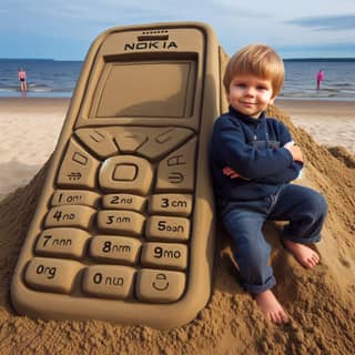 Một cậu bé ngồi trên lâu đài cát được làm từ điện thoại Nokia.