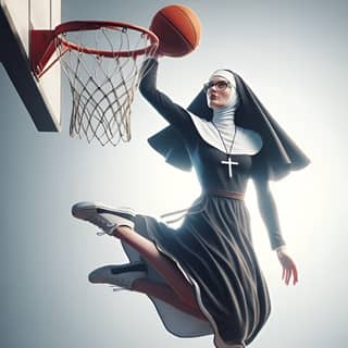 a nun is dunking a basketball