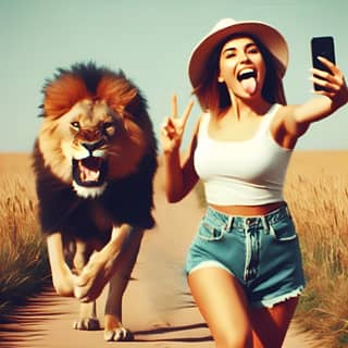 taking a selfie with a lion