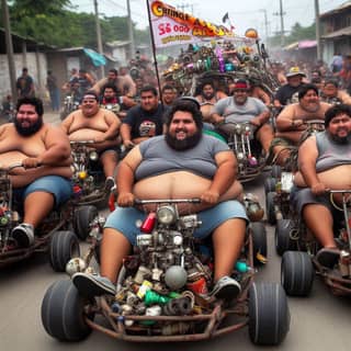 a group of fat men riding on go karts