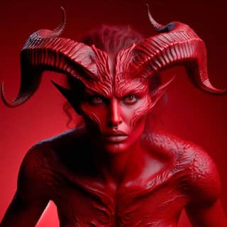 with horns on her head in red