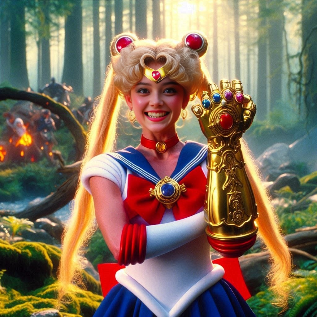 sailor moon is holding a gold glove in the woods