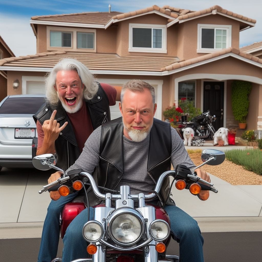 two men on a motorcycle in front of a house