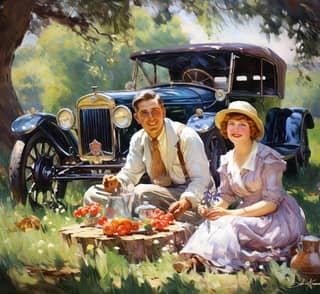 a couple sitting in front of an old car