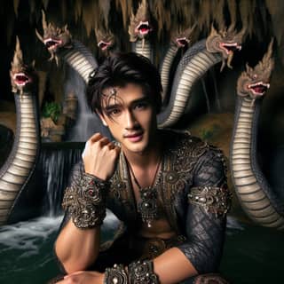 in a snake costume sitting on a rock with snakes around him