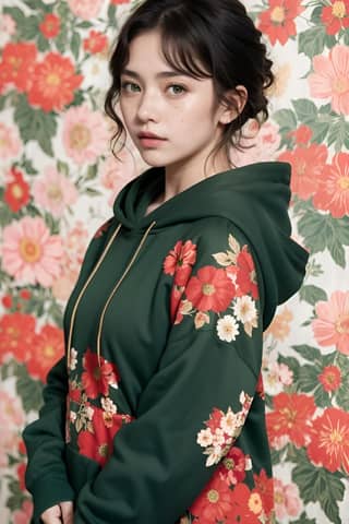Die Person trägt eine Blumenkapuzenpullover.