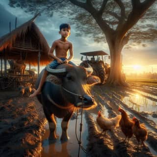 a boy riding a buffalo in front of a house