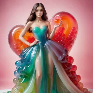 Người đang mặc một chiếc váy đầy màu sắc và cầm một chiếc bóng hình trái tim.