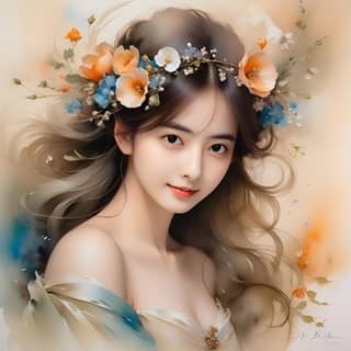Une fille avec des fleurs dans les cheveux.