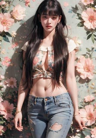 in jeans and a floral top standing in front of a wall