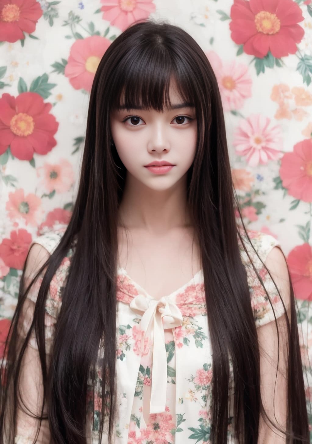 with long black hair and a floral dress